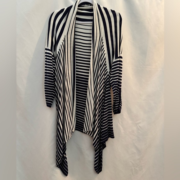 Attitudes by Renee Asymmetrical Open Front Cardigan Navy & White Stripe L - Picture 1 of 5